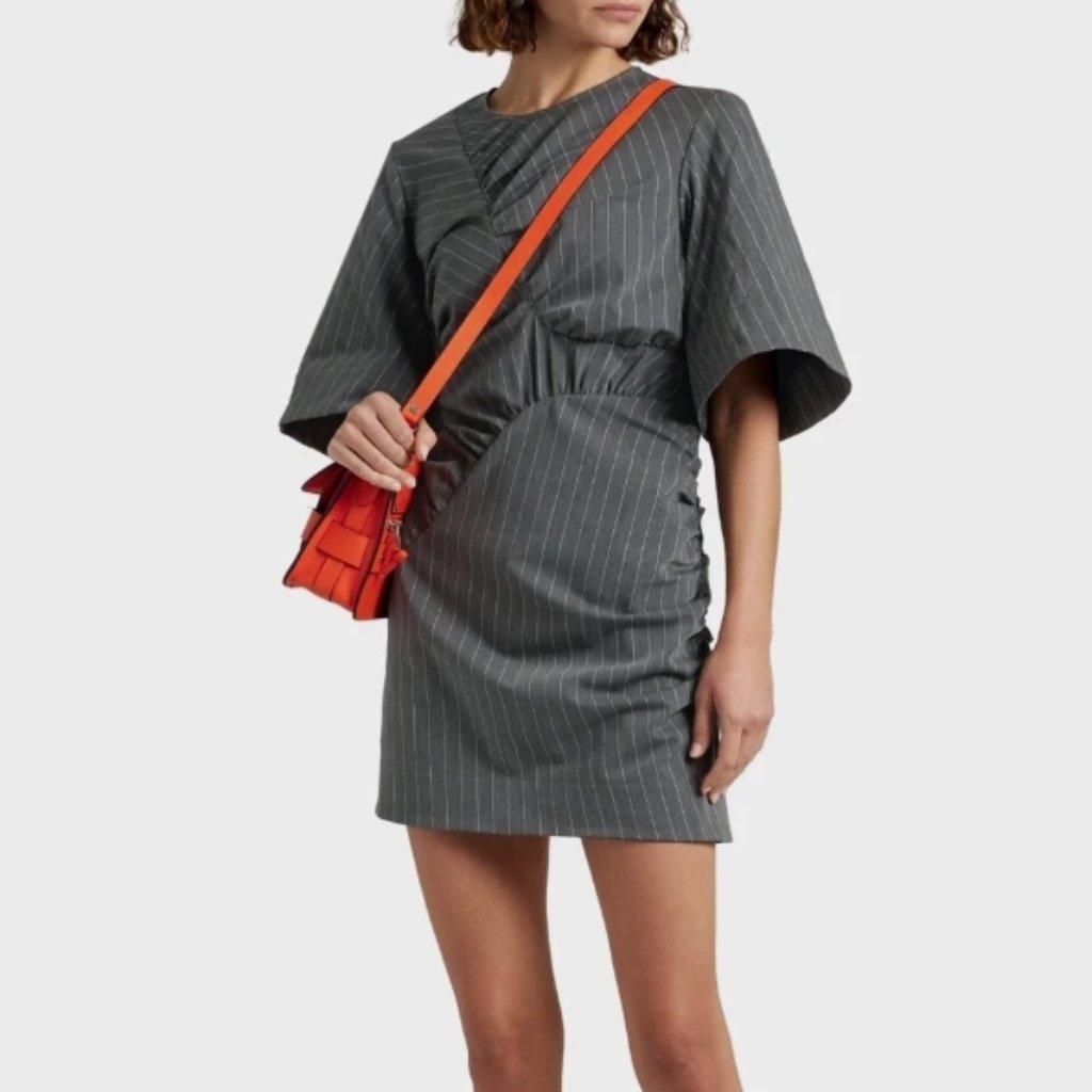 Nwt Ganni Ruched Pinstriped Stretch Antrachite Mini Dress In Phantom L $375